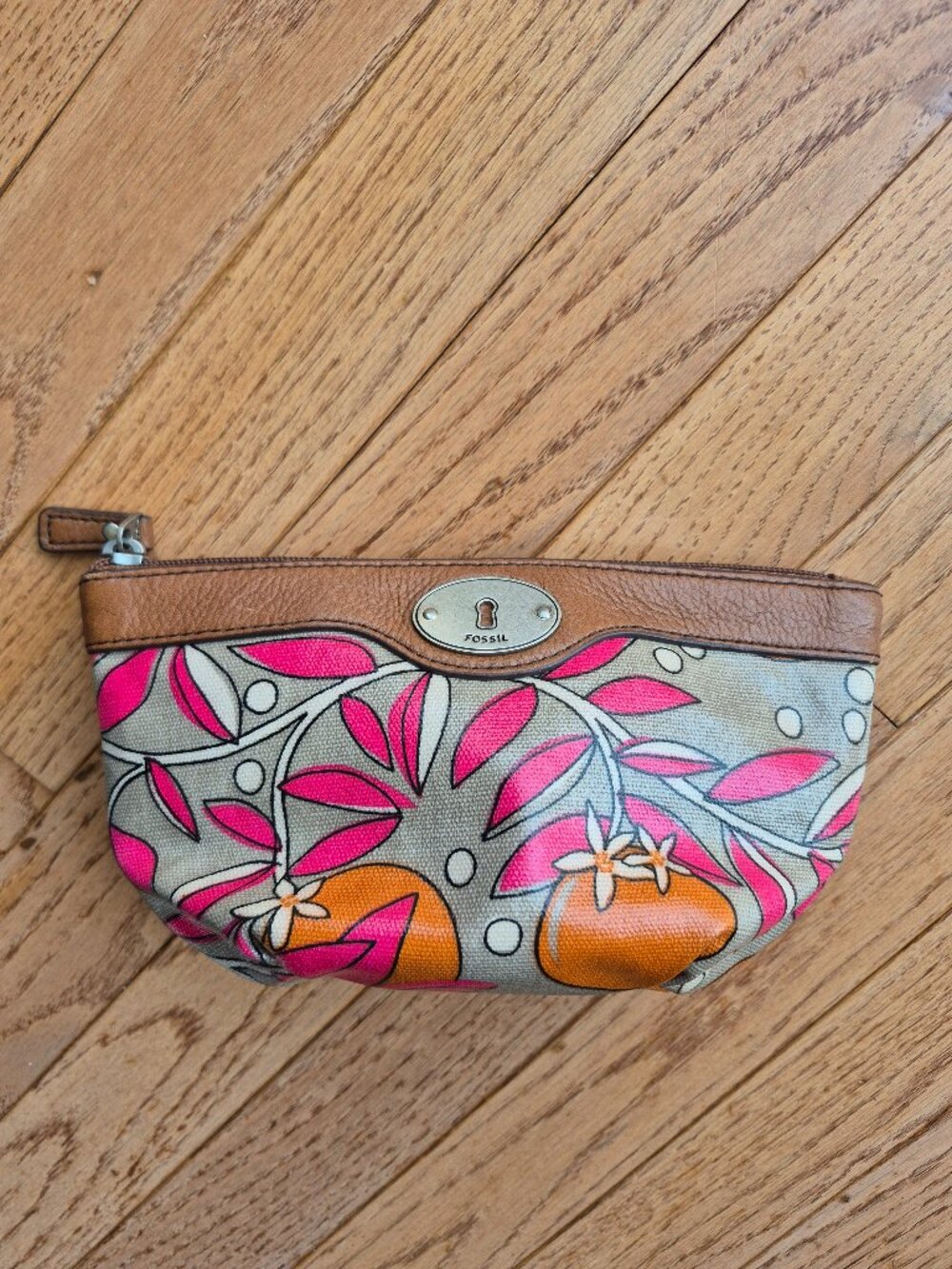 Fossil Key-Per Coated Wedge Cosmetic Zipper Bag Canvas Orange Blossoms